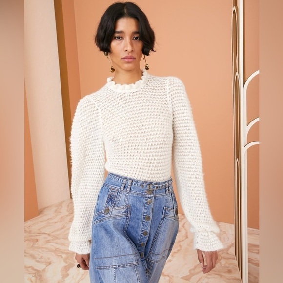 NWT ULLA JOHNSON Cream Laila Ruffled Alpaca-blend Lightweight Knit Sweater sz XL - Picture 7 of 16